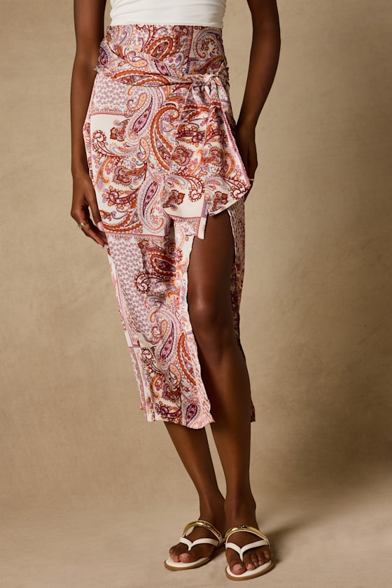 Take A Walk With Me Rust Paisley Print Satin Wrap Midi Skirt