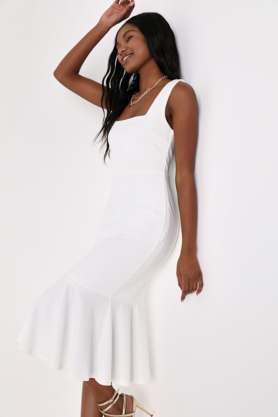 Moment Maker White Square Neck Trumpet Midi Dress