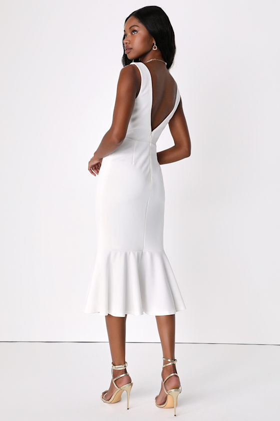 Moment Maker White Square Neck Trumpet Midi Dress