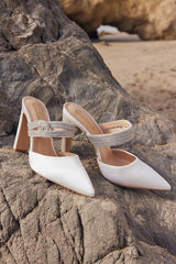 Celines White Satin Rhinestone Pointed-Toe Mule Pumps