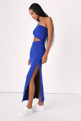 Spice Things Up Royal Blue Ribbed One-Shoulder Cutout Midi Dress