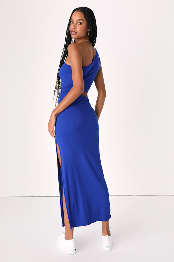 Spice Things Up Royal Blue Ribbed One-Shoulder Cutout Midi Dress