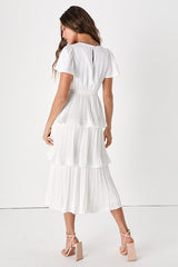 Twirl-wind Romance White Satin Tiered Midi Dress