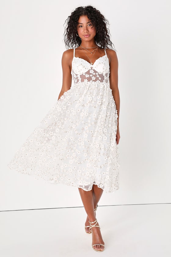 Darling Romance White Tulle Floral Applique Bustier Midi Dress