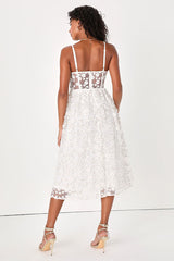 Darling Romance White Tulle Floral Applique Bustier Midi Dress