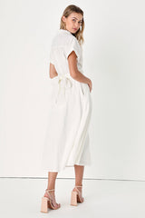 Palermo Perfection White Collared Midi Dress with Pockets