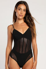Hold Me Near Black Sleeveless Mesh Bustier Bodysuit