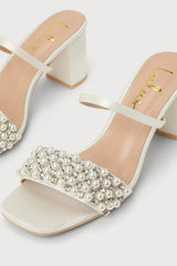 Karcen Ivory Satin Pearl Rhinestone High Heel Slide Sandals